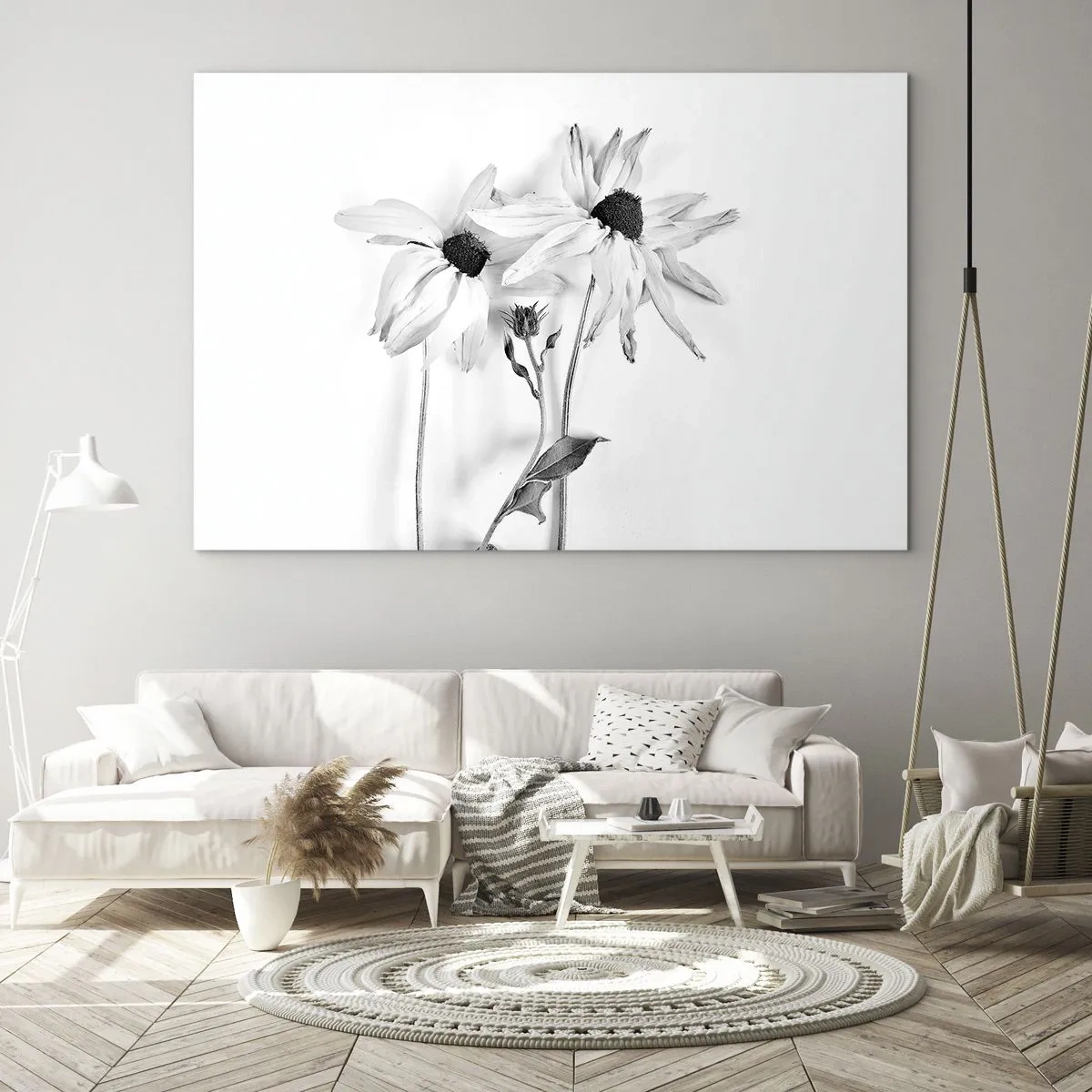 Glasbild - Bild auf glas - Schwarz-weiße Blumen im minimalistischen Stil - 70x50cm - Niemand will allein sein - Moderne Wanddekoration für Wohnzimmer und Schlafzimmer ARTTOR
