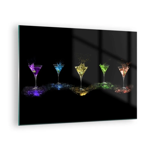 Glasbild - Bild auf glas - Bunte Getränke in Gläsern auf schwarzem Hintergrund - 70x50cm - Farben der Freude in Kristallglas - Moderne Wanddekoration für Wohnzimmer und Schlafzimmer ARTTOR