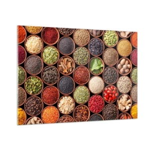 Glasbild - Bild auf glas - Eine Komposition aus verschiedenen Gewürzen in Holzschalen - 100x70cm - Alle Aromen der Welt - Moderne Wanddekoration für Wohnzimmer und Schlafzimmer ARTTOR