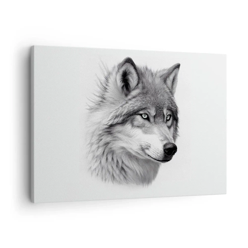 Bild auf Leinwand - Leinwandbild - Ein realistisches Porträt eines Wolfes in Grautönen. - 70x50cm - Alpha – ohne Zweifel - Moderne Wanddekoration für Wohnzimmer und Schlafzimmer ARTTOR