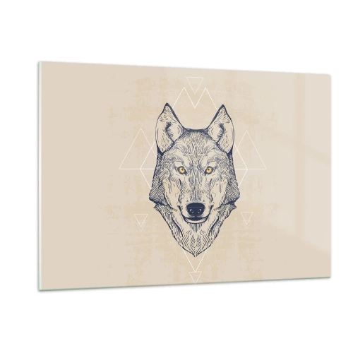 Glasbild - Bild auf glas - Wolfskopf vor einem Hintergrund aus geometrischen Mustern - 120x80cm - Ein Alpha mit durchdringendem Blick - Moderne Wanddekoration für Wohnzimmer und Schlafzimmer ARTTOR