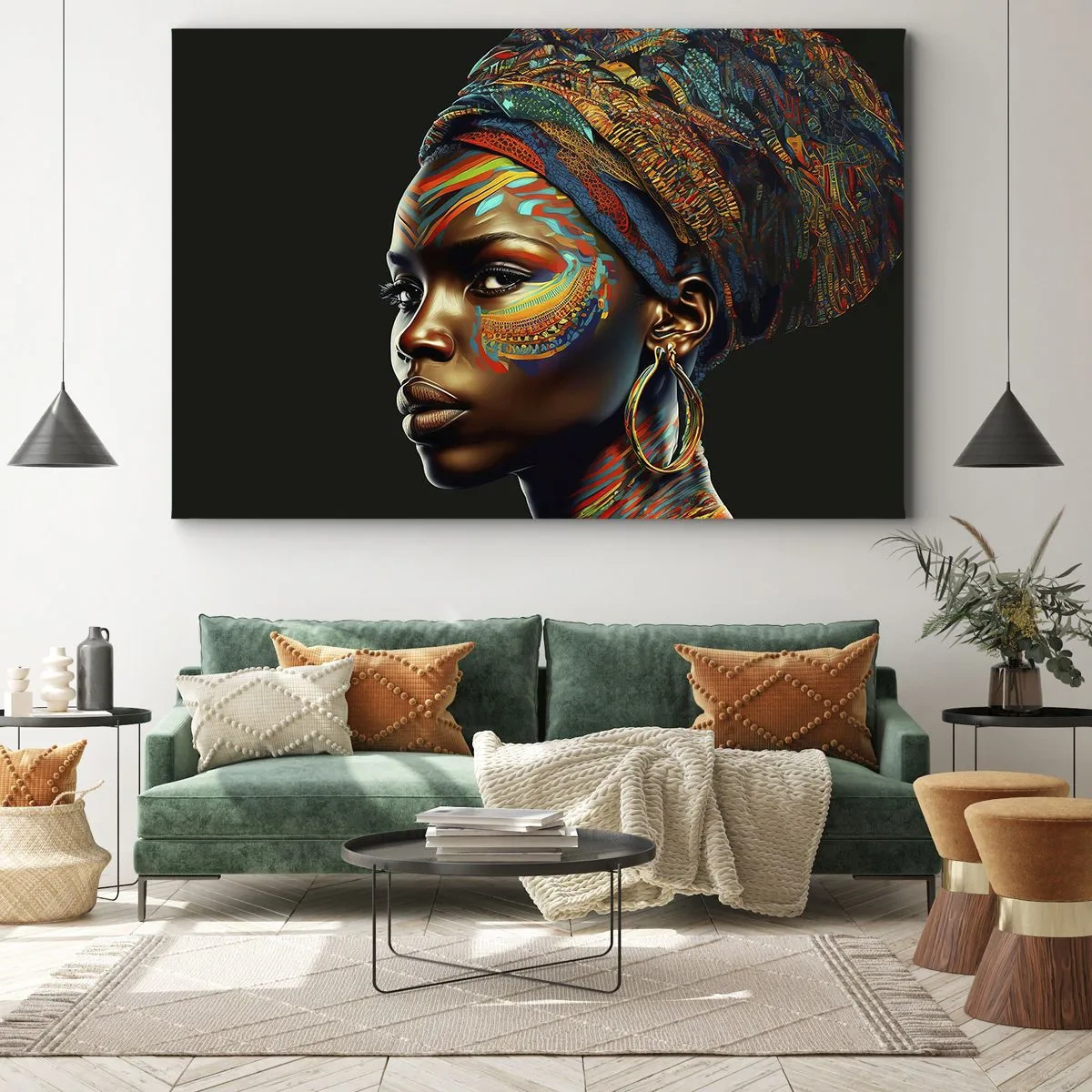Bild auf Leinwand - Leinwandbild - Porträt einer Frau mit buntem Muster und Turban - 70x50cm - Afrikanische Königin - Moderne Wanddekoration für Wohnzimmer und Schlafzimmer ARTTOR