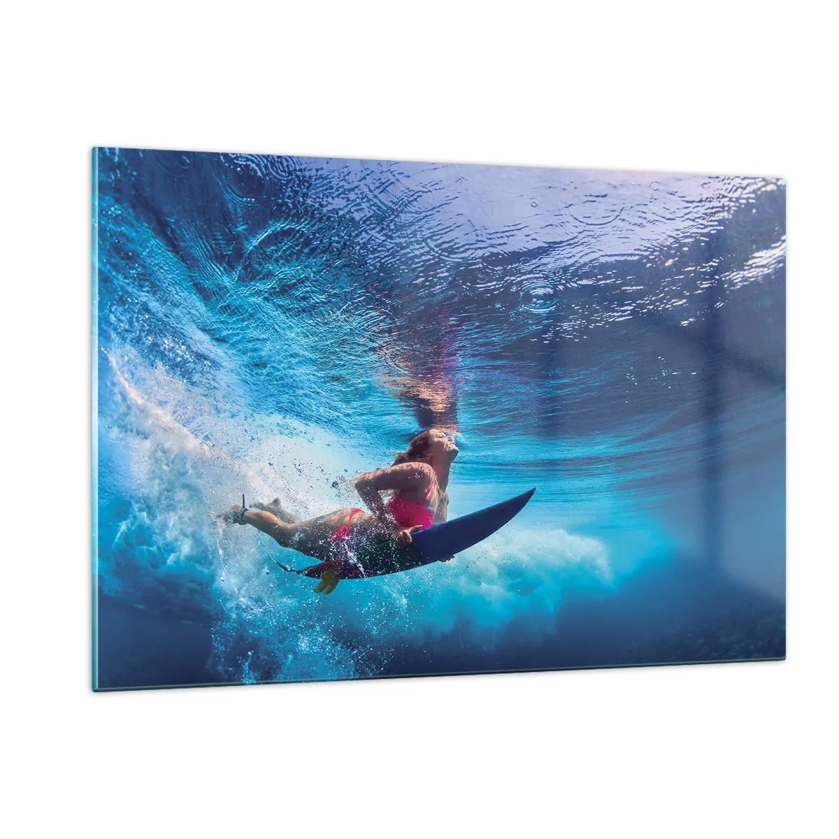 Glasbild - Bild auf glas - Eine Unterwasserszene mit einem Surfer in dynamischer Aktion - 120x80cm - Tiefe der Freude - Moderne Wanddekoration für Wohnzimmer und Schlafzimmer ARTTOR