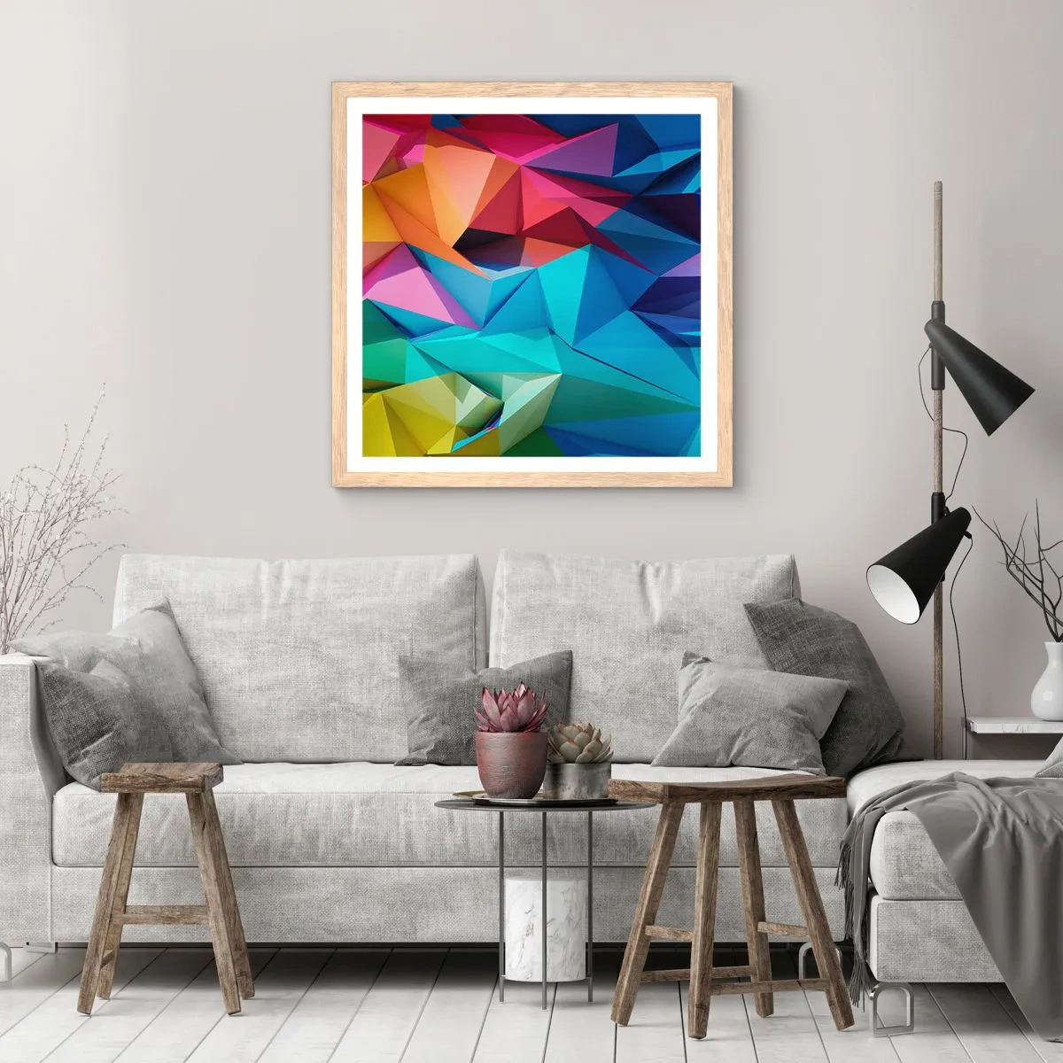 Poster in einem Rahmen aus heller Eiche - Regenbogen-Origami - 60x60 cm
