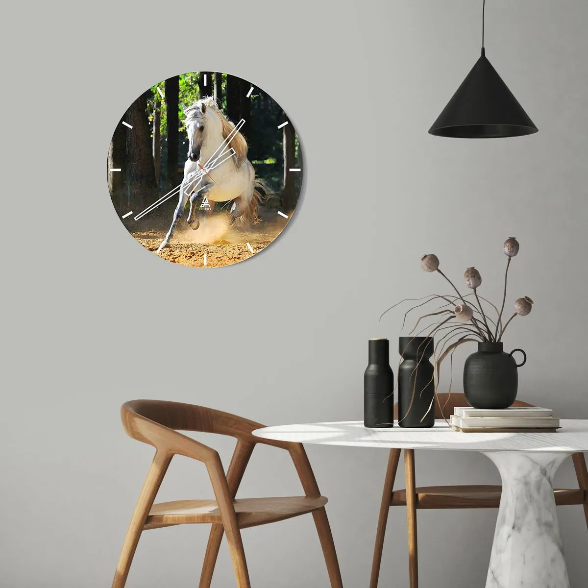 Wanduhr - Glasuhr - Ein weißes Pferd galoppiert durch die Bäume - 30x30cm - Wie aus einem Fantasy-Roman - Moderne Wanddekoration für Wohnzimmer, Küche und Schlafzimmer ARTTOR