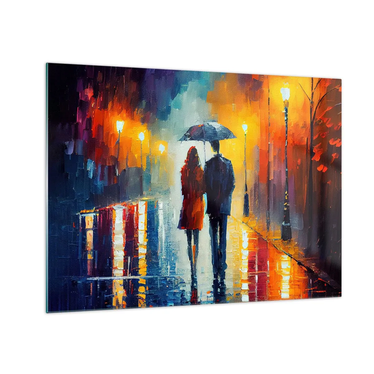 Glasbild - Bild auf glas - Ein Paar unter einem Regenschirm auf einer farbenfrohen Nachtstraße im Regen. - 70x50cm - Gemeinsam – eine bunte Nacht - Moderne Wanddekoration für Wohnzimmer und Schlafzimmer ARTTOR