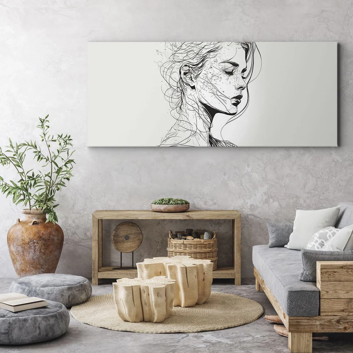 Bild auf Leinwand - Leinwandbild - Ein zartes Frauenporträt im minimalistischen Grafikstil. - 160x50cm - Porträt im Gedanken - Moderne Wanddekoration für Wohnzimmer und Schlafzimmer ARTTOR