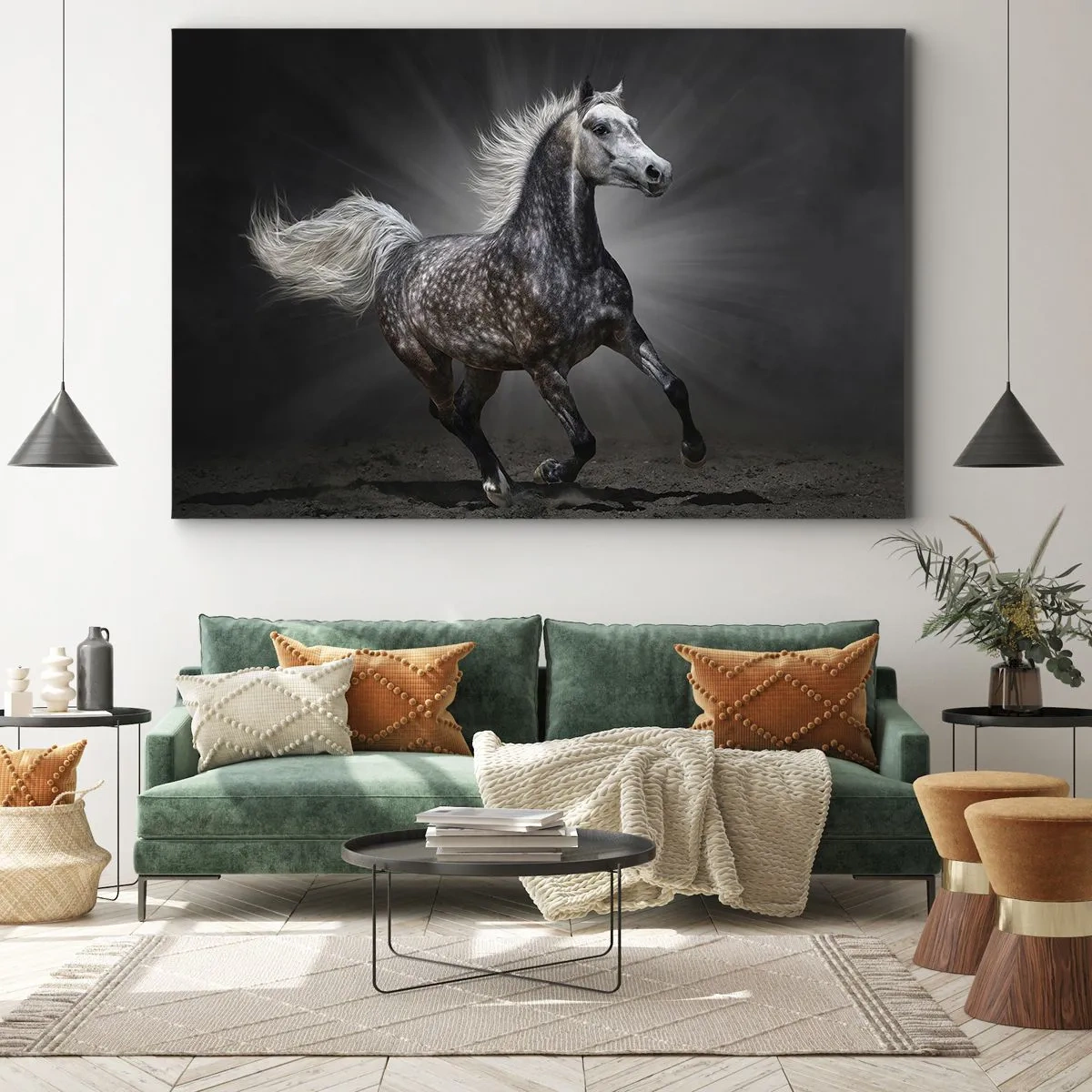 Bild auf Leinwand - Leinwandbild - Ein weißes Pferd galoppiert vor einem dunklen Hintergrund - 70x50cm - Grau ist schön - Moderne Wanddekoration für Wohnzimmer und Schlafzimmer ARTTOR