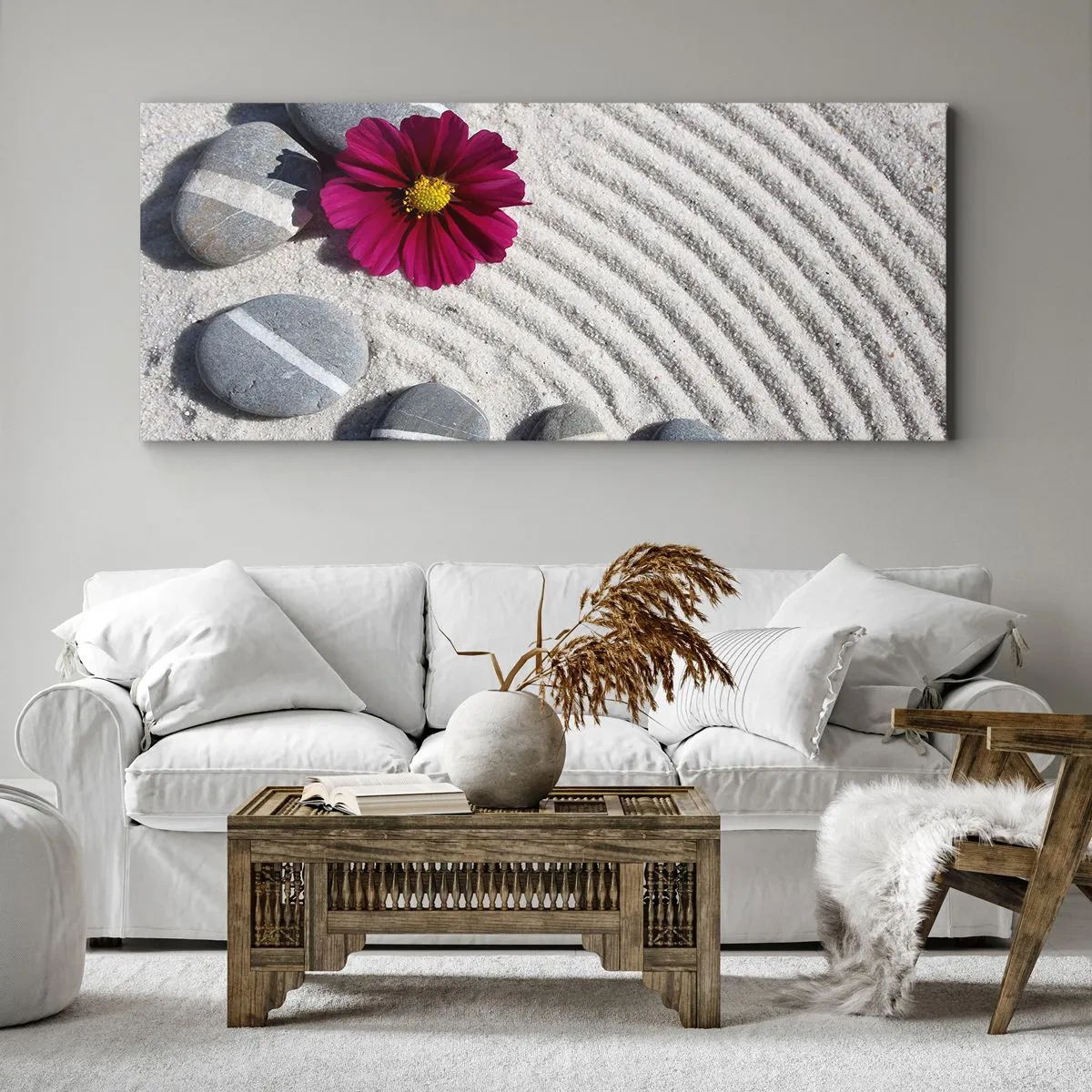 Bild auf Leinwand - Leinwandbild - Steine und eine rosa Blume auf dem Sand im Zen-Stil - 160x50cm - Energie und Ruhe des Zauberkreises der Natur - Moderne Wanddekoration für Wohnzimmer und Schlafzimmer ARTTOR