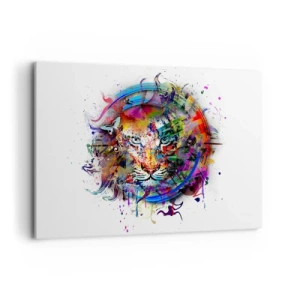 Bild auf Leinwand - Leinwandbild - Farbenfrohes Porträt eines Löwen im abstrakten Stil - 100x70cm - Es lauert hinter einem Regenbogenschleier - Moderne Wanddekoration für Wohnzimmer und Schlafzimmer ARTTOR