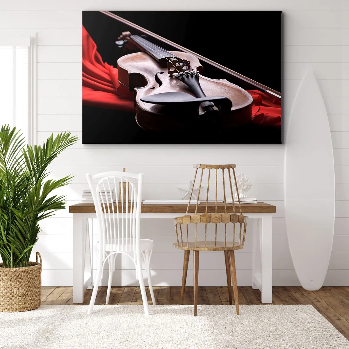 Bild auf Leinwand - Leinwandbild - Geige auf rotem Stoff mit schwarzem Hintergrund - 70x50cm - Musik der Gefühle - Moderne Wanddekoration für Wohnzimmer und Schlafzimmer ARTTOR