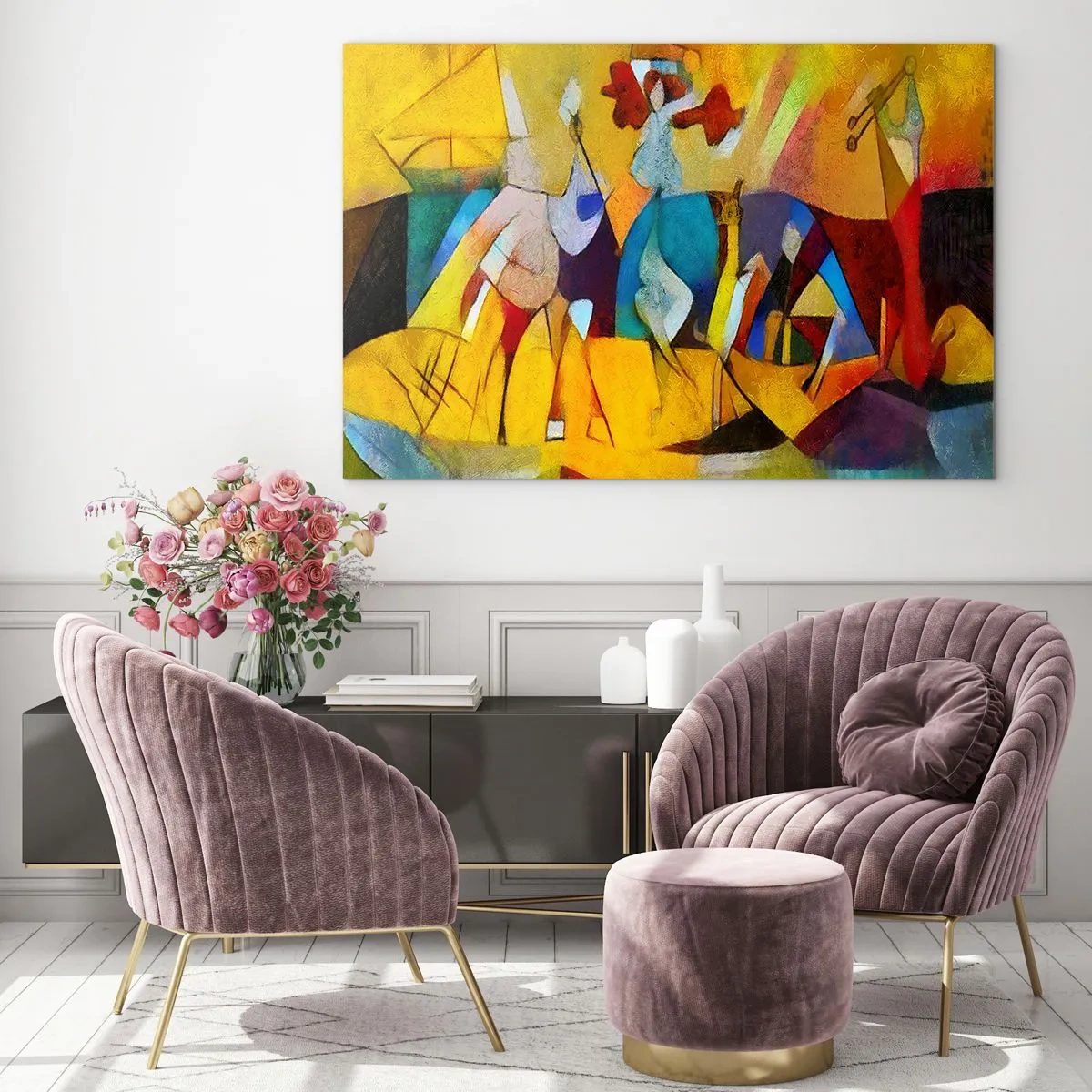 Glasbild - Bild auf glas - Farbenfrohe Abstraktion mit Figuren und geometrischen Formen - 70x50cm - Sonne - Leben - Freude - Moderne Wanddekoration für Wohnzimmer und Schlafzimmer ARTTOR