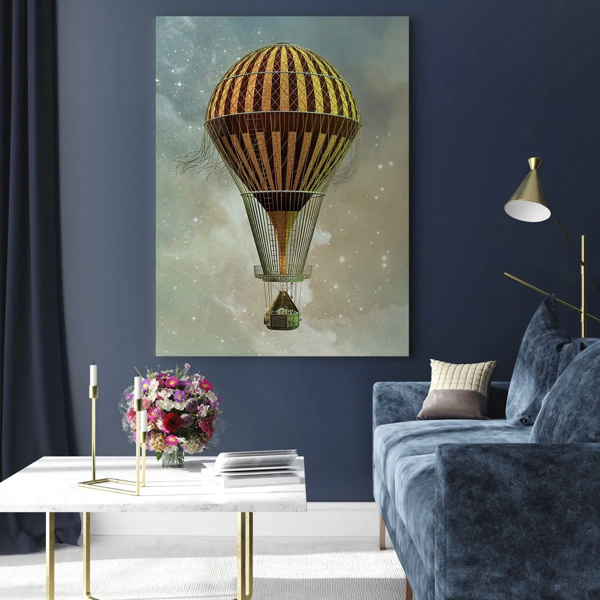 Glasbild - Bild auf glas - Ein stilisierter Ballon vor dem Hintergrund eines Sternenhimmels und Wolken. - 50x70cm - Pionierflüge - Moderne Wanddekoration für Wohnzimmer und Schlafzimmer ARTTOR