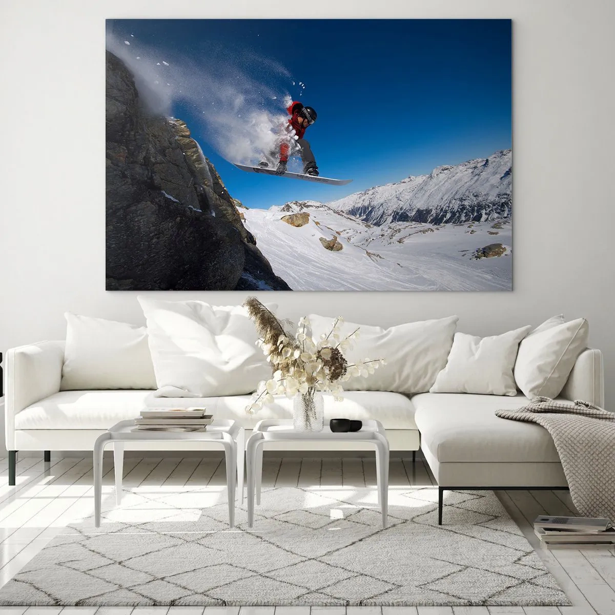 Glasbild - Bild auf glas - Ein Snowboarder springt vor einer Bergkulisse - 100x70cm - Und du wurdest Teil des Raums - Moderne Wanddekoration für Wohnzimmer und Schlafzimmer ARTTOR