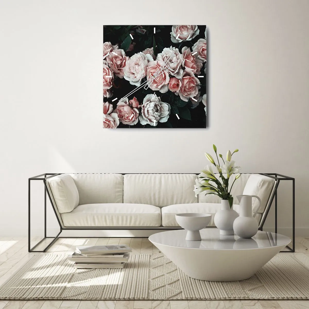Wanduhr - Glasuhr - Rosa Rosen auf dunklem Hintergrund in einer subtilen Komposition - 30x30cm - Rosen-Ensemble - Moderne Wanddekoration für Wohnzimmer und Schlafzimmer ARTTOR