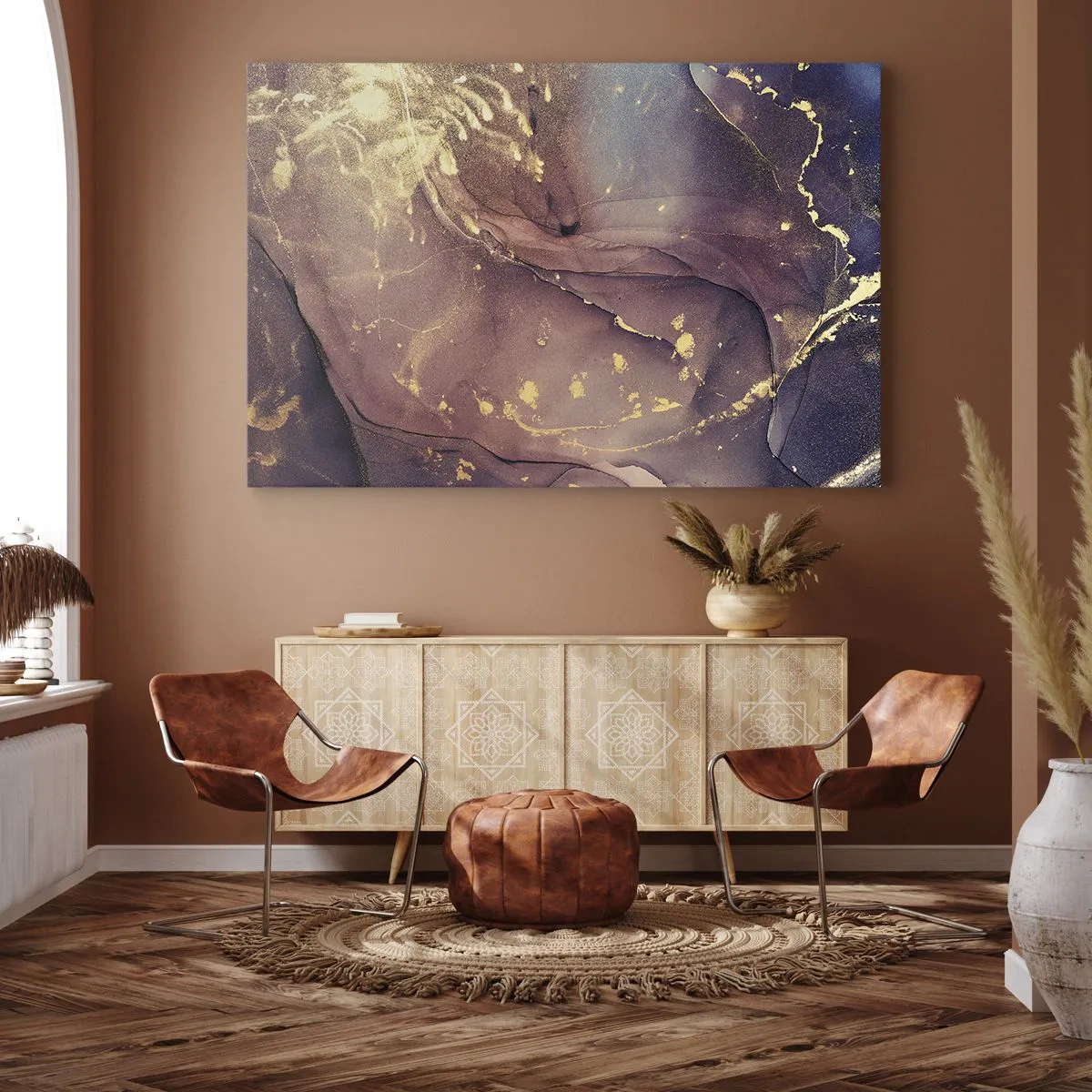 Bild auf Leinwand - Leinwandbild - Abstrakte Komposition mit Gold- und Lilatönen - 120x80cm - Materie und Geist - Moderne Wanddekoration für Wohnzimmer und Schlafzimmer ARTTOR