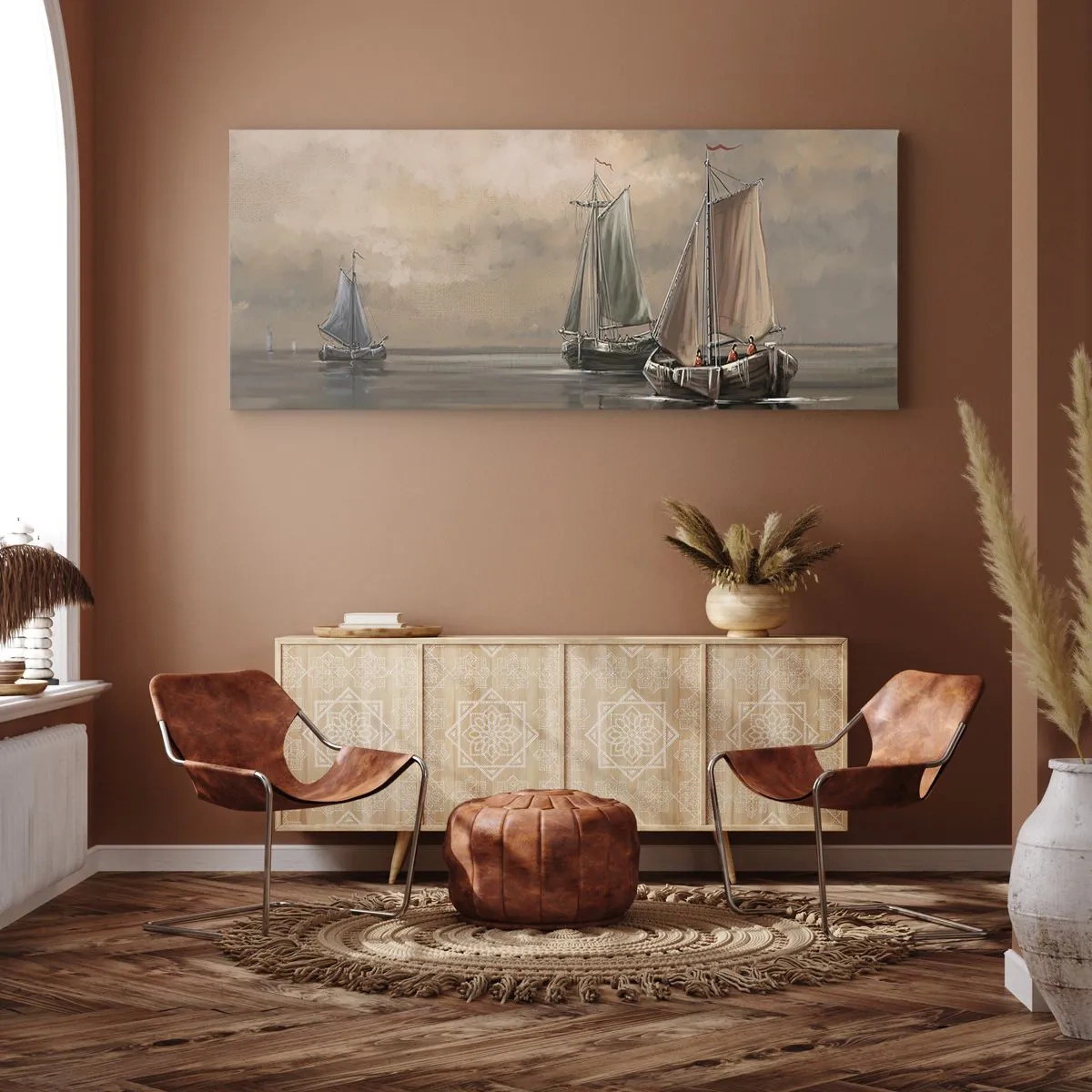 Bild auf Leinwand - Leinwandbild - Segelboote auf ruhigem Meer in pastellfarbener Umgebung - 120x50cm - Die Rückkehr der Matrosen - Moderne Wanddekoration für Wohnzimmer und Schlafzimmer ARTTOR