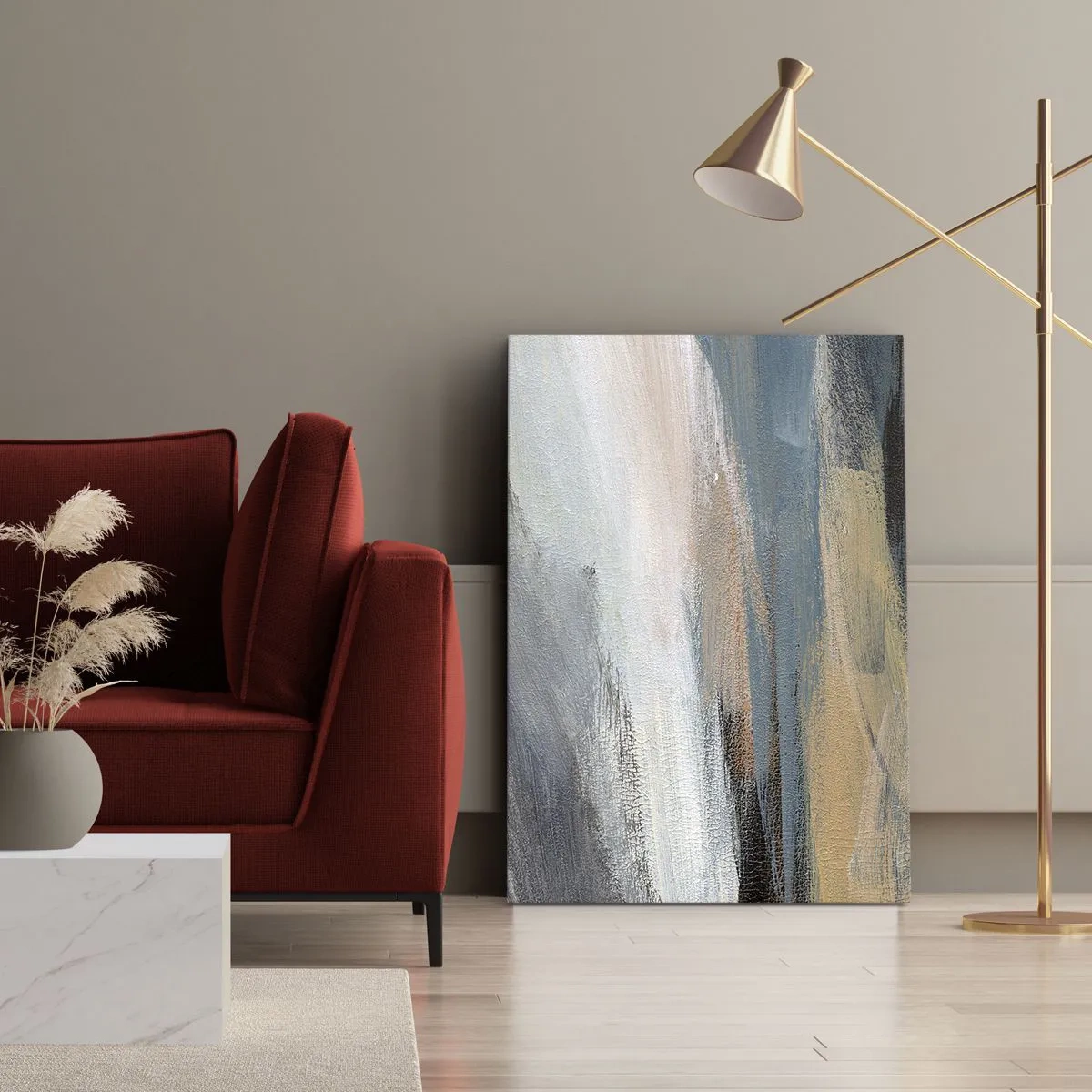 Bild auf Leinwand - Leinwandbild - Abstrakte Landschaft in gedämpften Blau- und Beigetönen - 50x70cm - Abstraktion: nördliche Landschaft - Moderne Wanddekoration für Wohnzimmer und Schlafzimmer ARTTOR
