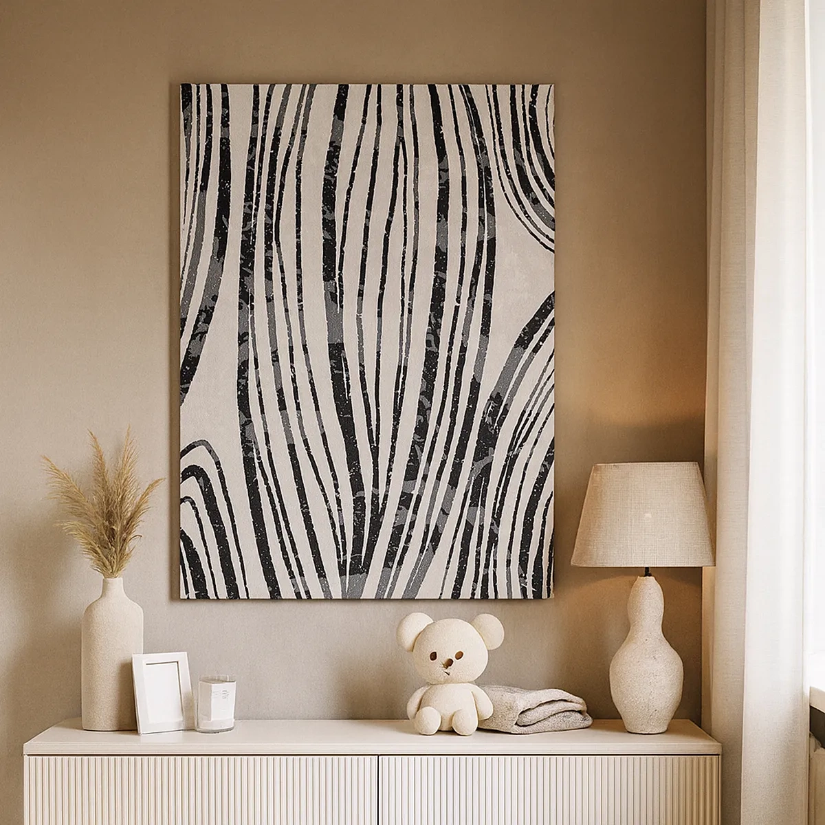 Bild auf Leinwand - Leinwandbild - Abstrakte Wellen in Schwarz-Weiß-Tönen - 50x70cm - Linienpool - Moderne Wanddekoration für Wohnzimmer und Schlafzimmer ARTTOR