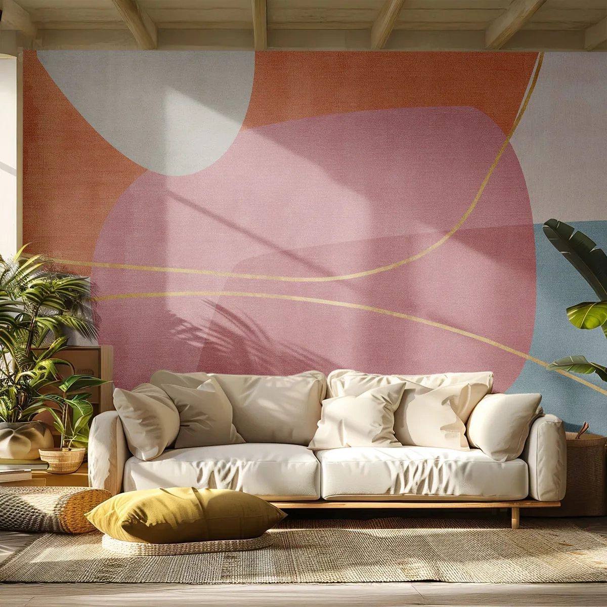 Fototapete Premium Sand - Pastellfarbene Flecken und goldene Linien auf hellem Hintergrund - 100x70cm - Pastellkomposition mit Goldfaden - Moderne Wanddekoration für Wohnzimmer und Schlafzimmer ARTTOR