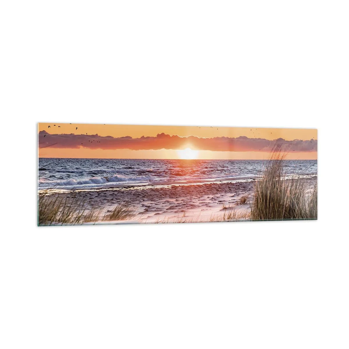 Glasbild - Bild auf glas - Sonnenuntergang über dem Meer mit Blick auf die Dünen - 160x50cm - Horizontale Landschaft - Moderne Wanddekoration für Wohnzimmer und Schlafzimmer ARTTOR