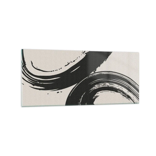 Glasbild - Bild auf glas - Dynamische Pinselstriche in Schwarz auf hellem Hintergrund - 120x50cm - Ausladend und kreisförmig - Moderne Wanddekoration für Wohnzimmer und Schlafzimmer ARTTOR