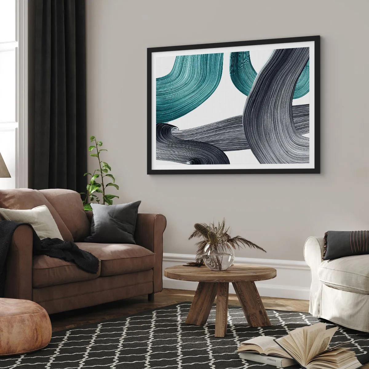 Poster in einem schwarzem Rahmen - Fließende abstrakte Linien in Grün- und Grautönen - 70x50cm - Smaragdgrüne und schwarze Pfade - Moderne Wanddekoration für Wohnzimmer und Schlafzimmer ARTTOR