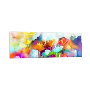 Glasbild - Bild auf glas - Abstrakte bunte Blumen auf hellem Hintergrund - 160x50cm - Der Regenbogen ist aufgeblüht - Moderne Wanddekoration für Wohnzimmer und Schlafzimmer ARTTOR