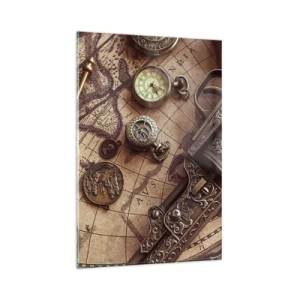 Glasbild - Bild auf glas - Antike Gegenstände auf einer alten Karte im Retro-Stil - 80x120cm - Das Abenteuer ruft - Moderne Wanddekoration für Wohnzimmer und Schlafzimmer ARTTOR