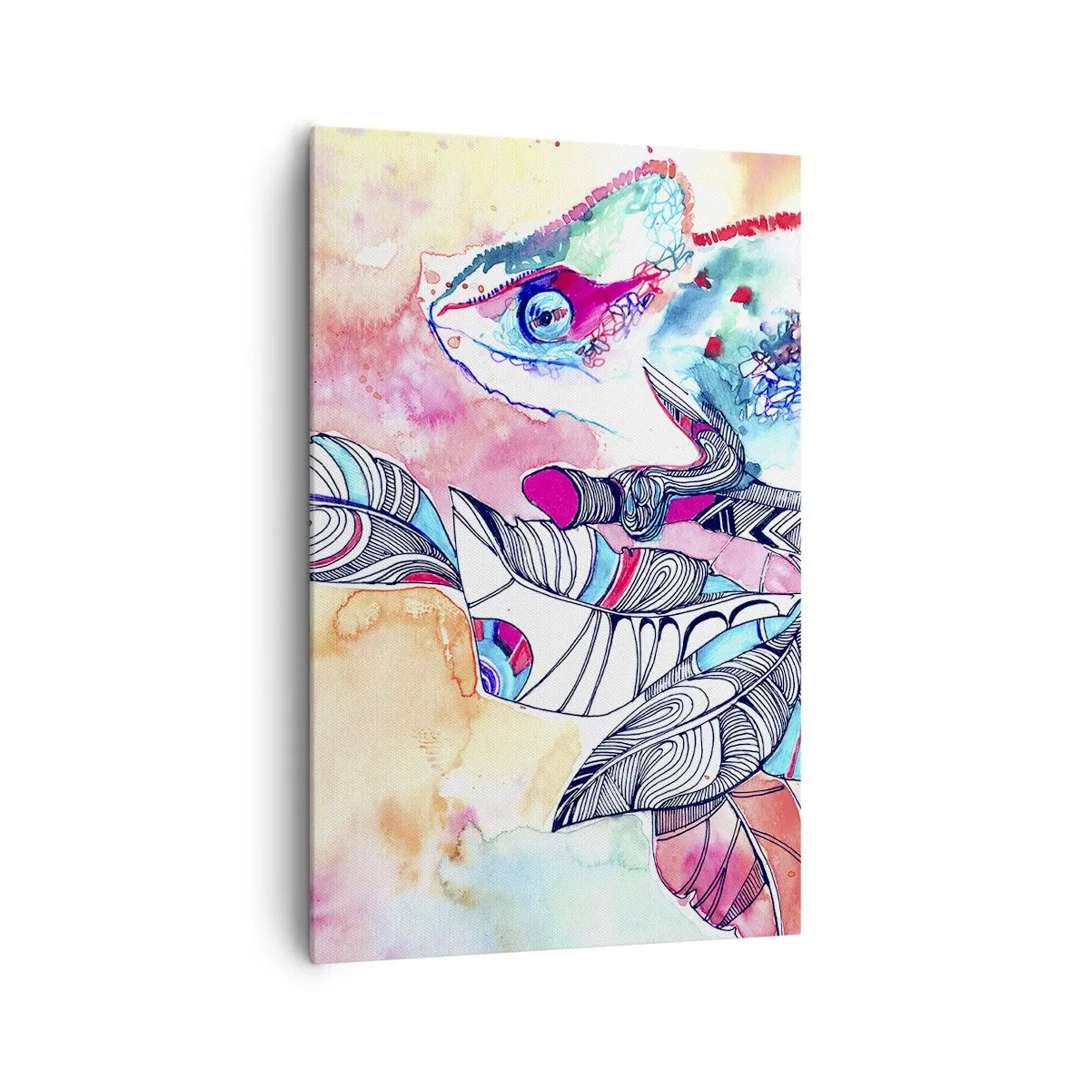 Bild auf Leinwand - Leinwandbild - Buntes Chamäleon auf abstraktem Blätterhintergrund - 80x120cm - So bunt wie unsere Welt - Moderne Wanddekoration für Wohnzimmer und Schlafzimmer ARTTOR