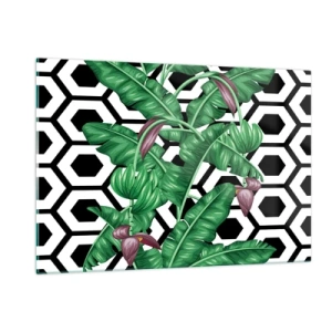 Glasbild - Bild auf glas - Tropische Blätter und Blumen vor einem schwarz-weißen geometrischen Musterhintergrund - 120x80cm - Von Natur aus eine symmetrische Komposition - Moderne Wanddekoration für Wohnzimmer und Schlafzimmer ARTTOR