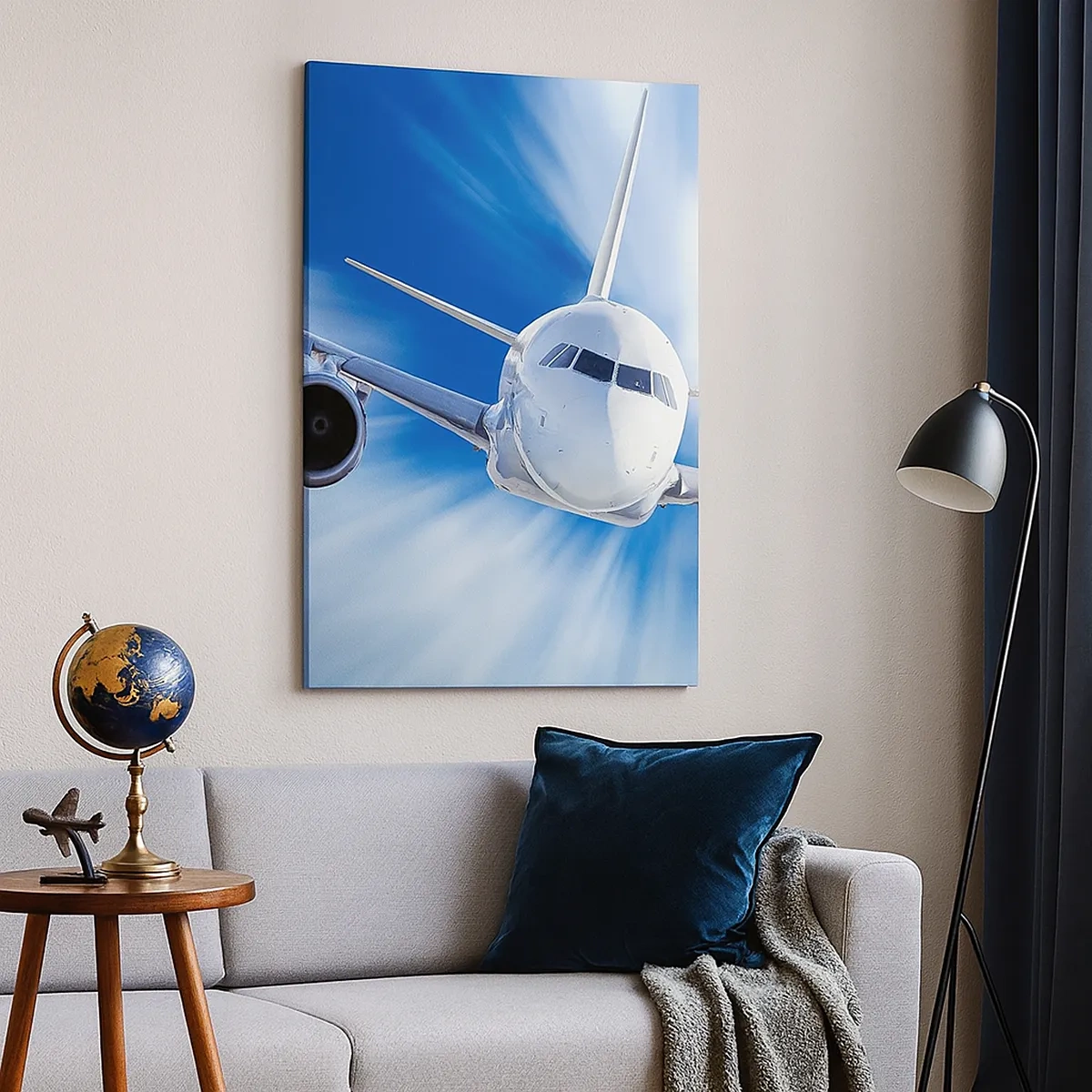 Bild auf Leinwand - Leinwandbild - Ein Passagierflugzeug in Bewegung gegen den Himmel - 50x70cm - Schneller als der Wind am Himmel - Moderne Wanddekoration für Wohnzimmer und Schlafzimmer ARTTOR