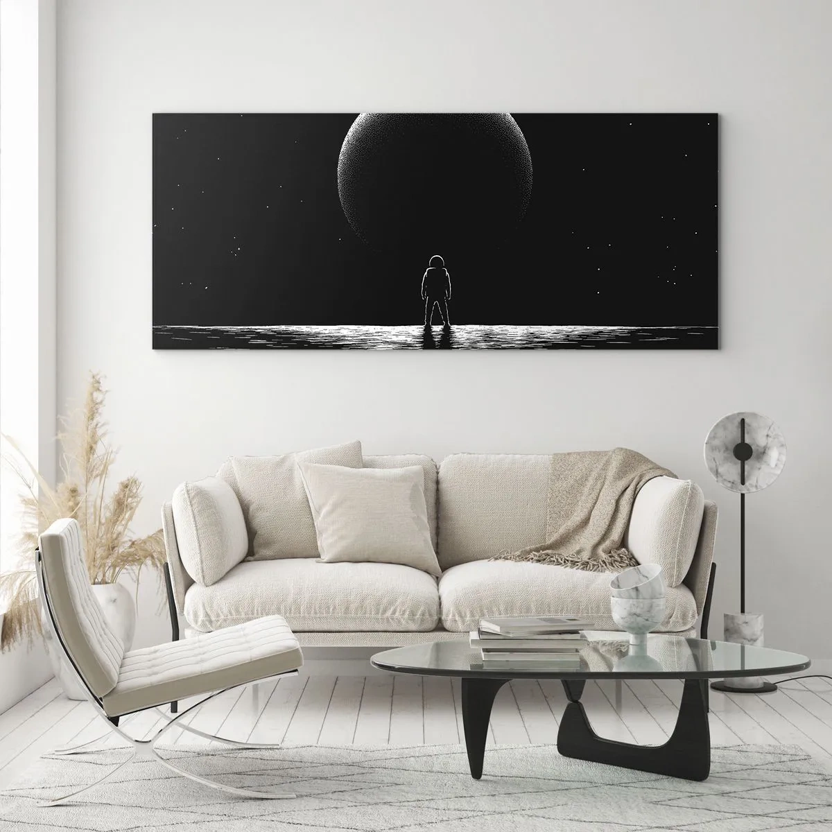 Glasbild - Bild auf glas - Ein Astronaut vor dem Hintergrund eines großen Planeten im Weltraum - 160x50cm - Angesicht zu Angesicht - Moderne Wanddekoration für Wohnzimmer und Schlafzimmer ARTTOR