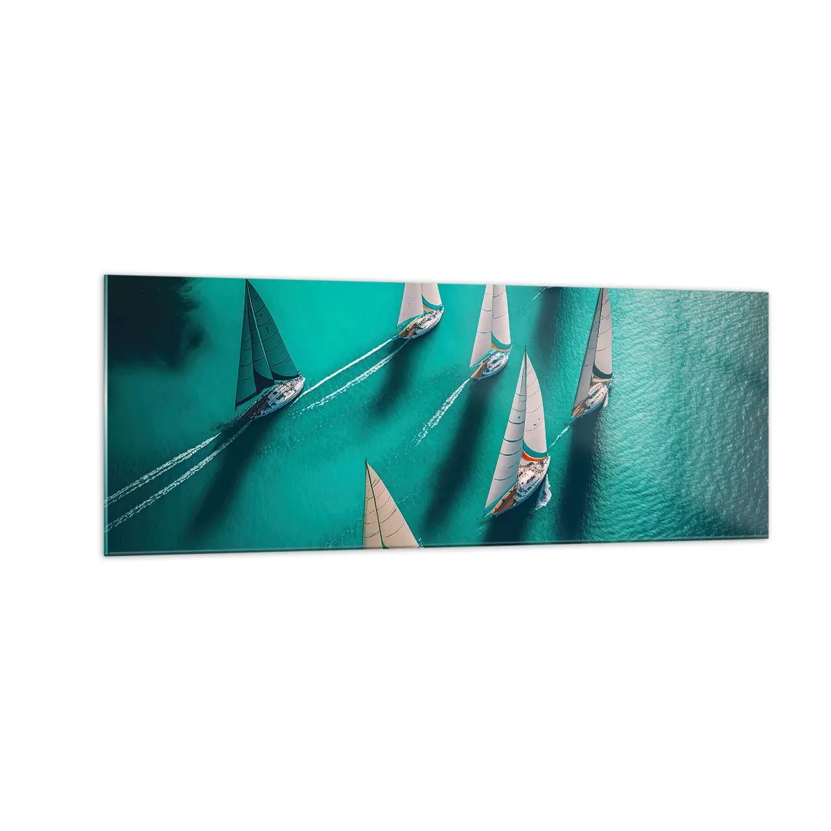 Glasbild - Bild auf glas - Yachten auf türkisfarbenem Wasser in dynamischer Bewegung - 140x50cm - Im Wettbewerb mit dem Wind - Moderne Wanddekoration für Wohnzimmer und Schlafzimmer ARTTOR