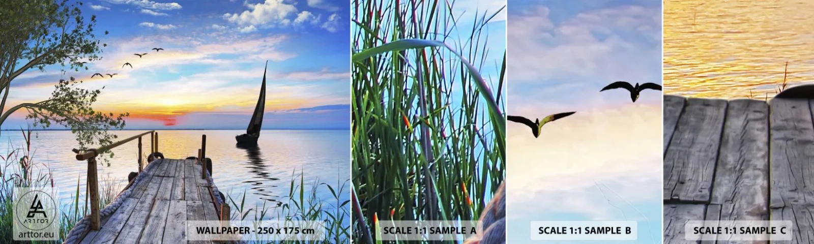 Fototapeten Muster Selbstklebend Deluxe Sticker - Guten Abend - Landschaft, See, Holzbrücke - 100x30 cm