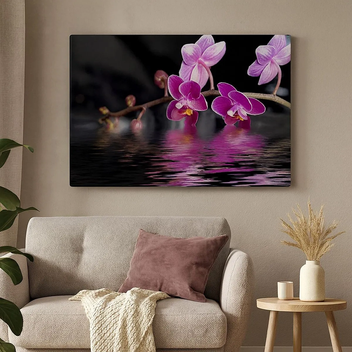Bild auf Leinwand - Leinwandbild - Lila Orchideen über ruhigem Wasser vor schwarzem Hintergrund - 70x50cm - Lila Spiegelbild der Schönheit - Moderne Wanddekoration für Wohnzimmer und Schlafzimmer ARTTOR