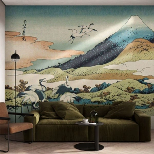 Fototapete Premium Sand - Japanische Illustration mit Bergen und Kranichen - 100x70cm - Im japanischen Geist - Moderne Wanddekoration für Wohnzimmer und Schlafzimmer ARTTOR