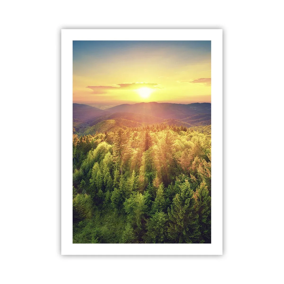 Poster - Sonnenuntergang über einem Bergwald voller Grün - 50x70cm - Scheitelpunkte und Spitzen - Moderne Wanddekoration für Wohnzimmer und Schlafzimmer ARTTOR