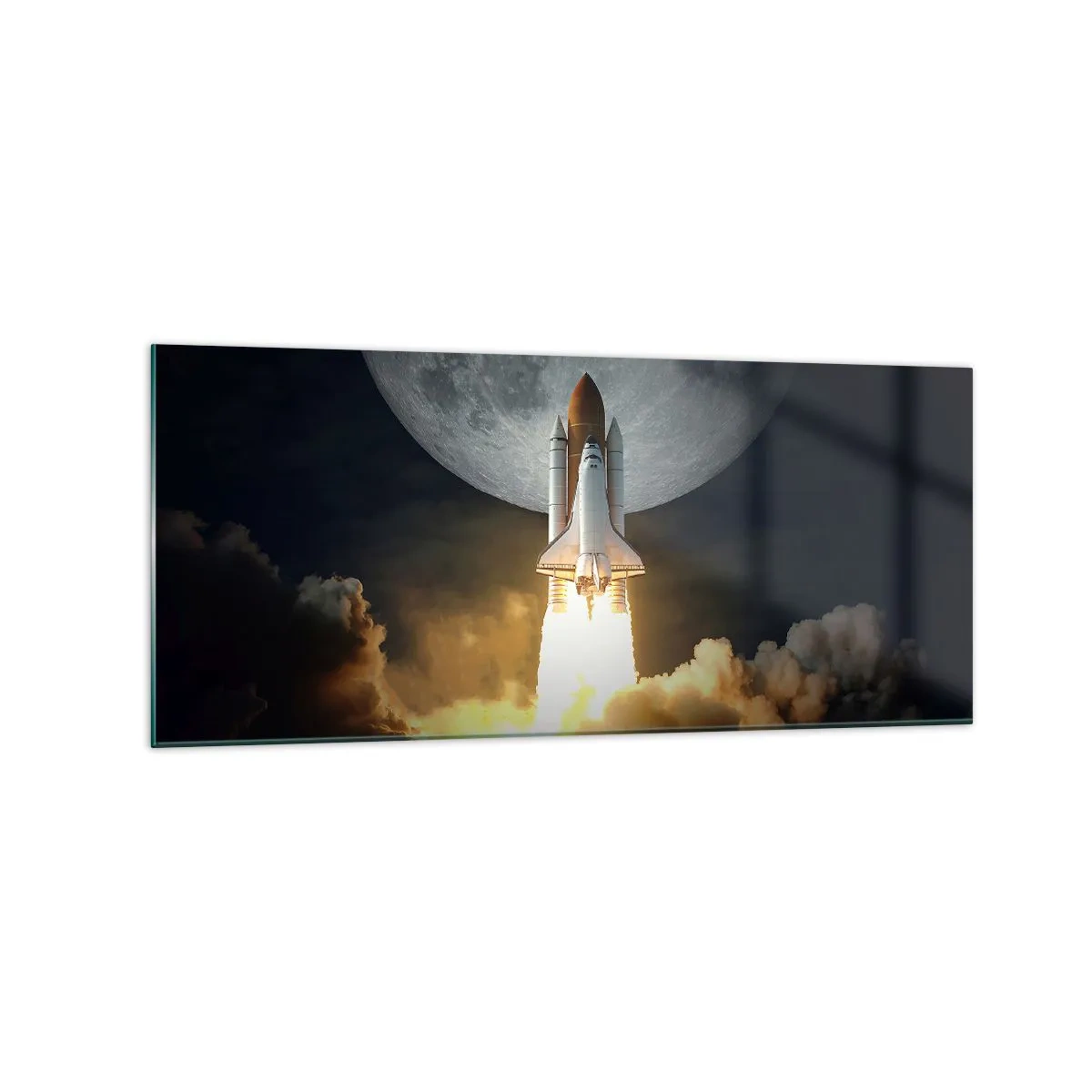 Glasbild - Bild auf glas - Eine Rakete hebt vor dem Hintergrund eines Vollmonds ab, umgeben von dynamischen Wolken. - 120x50cm - Beginn eines überirdischen Abenteuers - Moderne Wanddekoration für Wohnzimmer und Schlafzimmer ARTTOR
