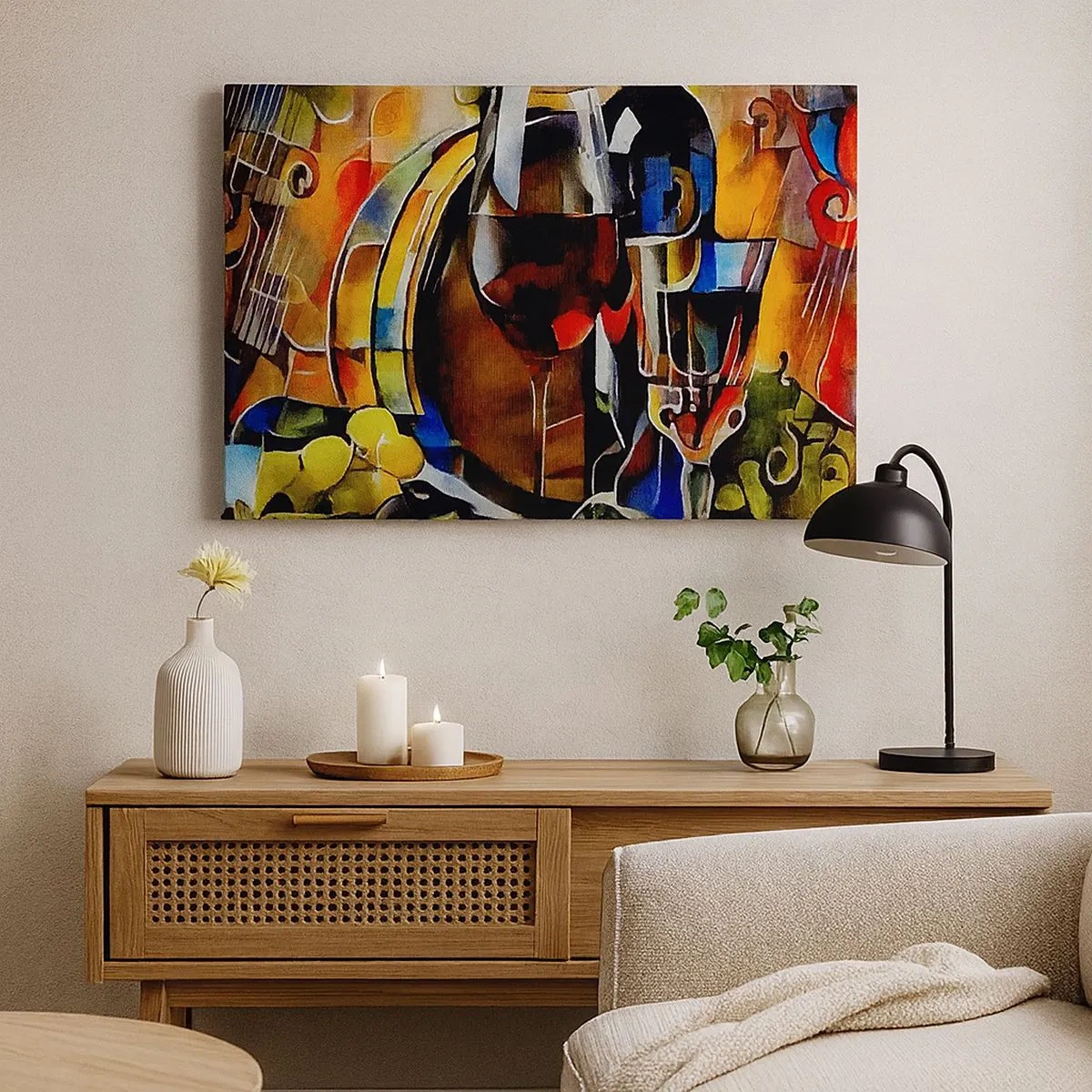 Bild auf Leinwand - Leinwandbild - Abstraktes Stillleben mit Gläsern und Instrumenten - 70x50cm - Und die Welt nimmt Farben an - Moderne Wanddekoration für Wohnzimmer und Schlafzimmer ARTTOR