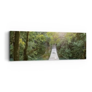 Bild auf Leinwand - Leinwandbild - Über das azurblaue Wasser zum azurblauen Wald - 90x30 cm