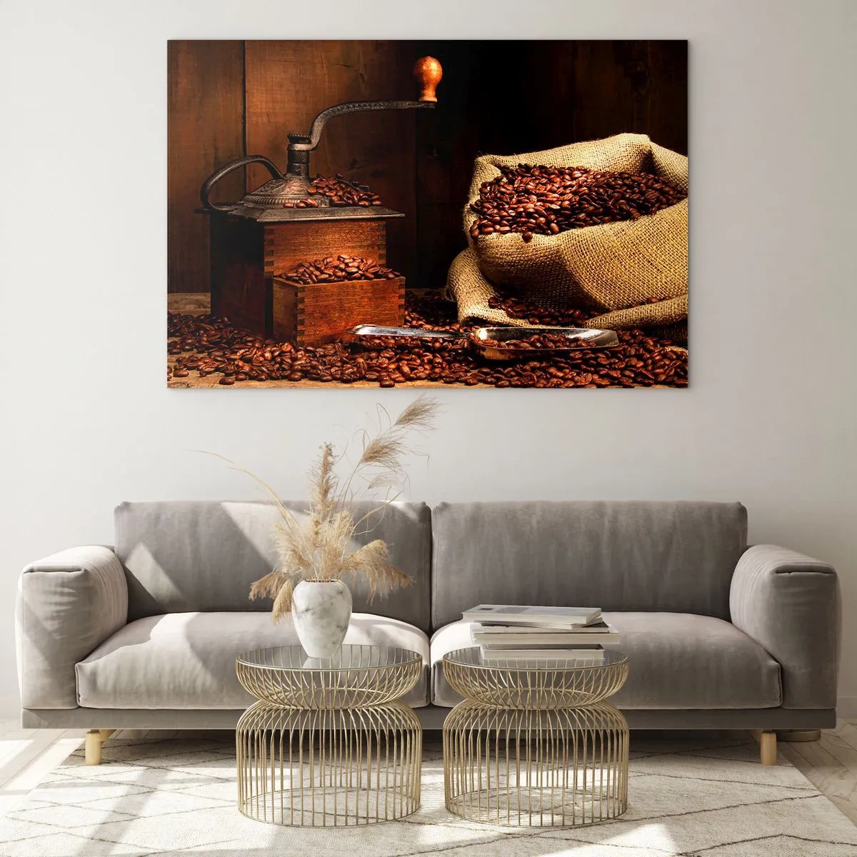 Glasbild - Bild auf glas - Eine alte Kaffeemühle mit Bohnen und einer Tüte Kaffee - 70x50cm - Stillleben mit Kaffeebohnen und einer Mühle - Moderne Wanddekoration für Wohnzimmer und Schlafzimmer ARTTOR