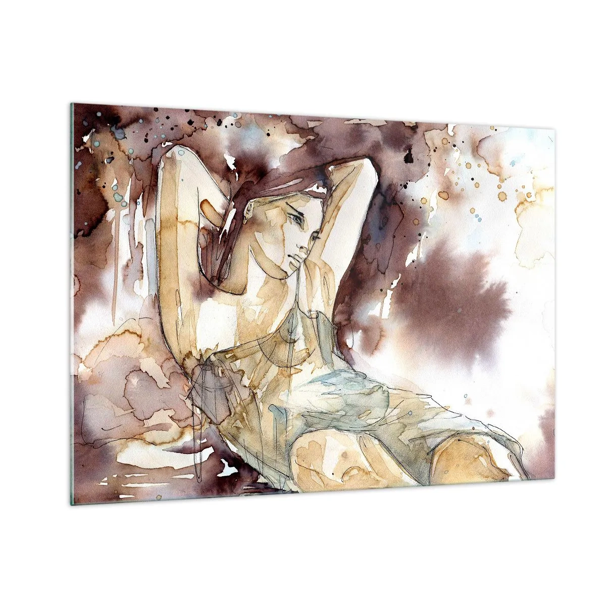 Glasbild - Bild auf glas - Sinnliche Frau in einem künstlerischen Sepia-Aquarell - 100x70cm - In lila Stimmung - Moderne Wanddekoration für Wohnzimmer und Schlafzimmer ARTTOR