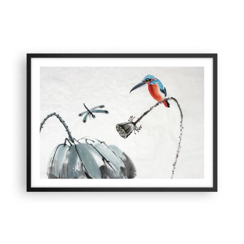 Poster in einem schwarzem Rahmen - Ein bunter Vogel vor einem Hintergrund aus Vegetation und einer Libelle - 70x50cm - Das Leben der Wiese - Moderne Wanddekoration für Wohnzimmer und Schlafzimmer ARTTOR