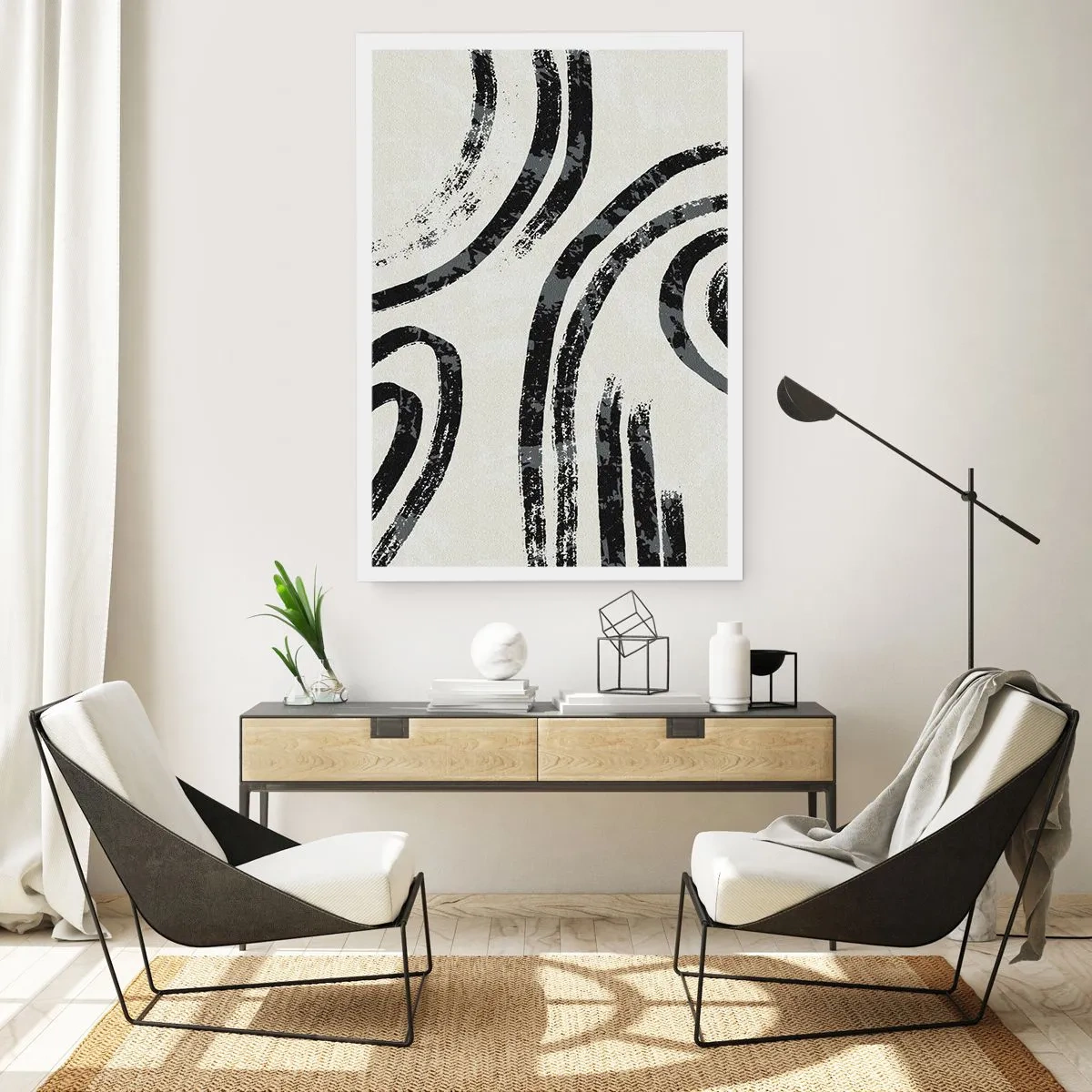 Poster - Abstrakte schwarze Linien auf hellem Hintergrund - 50x70cm - Bei Hälfte angehalten - Moderne Wanddekoration für Wohnzimmer und Schlafzimmer ARTTOR