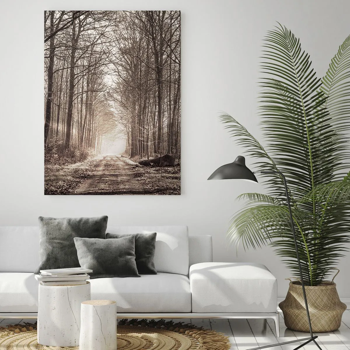 Glasbild - Bild auf glas - Ein Waldweg zwischen sepiafarbenen Bäumen - 80x120cm - Waldkathedrale - Moderne Wanddekoration für Wohnzimmer und Schlafzimmer ARTTOR
