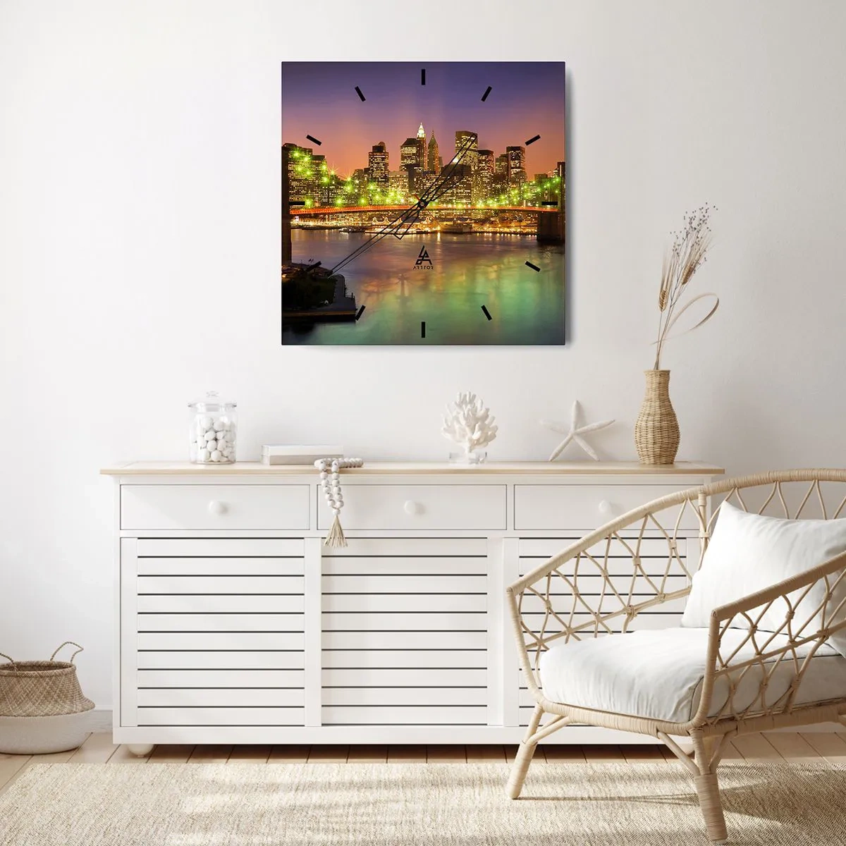 Wanduhr - Glasuhr - Beleuchtete Brücke in einer modernen Stadt bei Nacht - 30x30cm - Hier geht das Licht nie aus - Moderne Wanddekoration für Wohnzimmer und Schlafzimmer ARTTOR