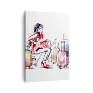 Bild auf Leinwand - Leinwandbild - Eine Frau mit Koffern in einer dynamischen Aquarellillustration - 70x100cm - Setzen wir uns vor der Reise hin - Moderne Wanddekoration für Wohnzimmer und Schlafzimmer ARTTOR