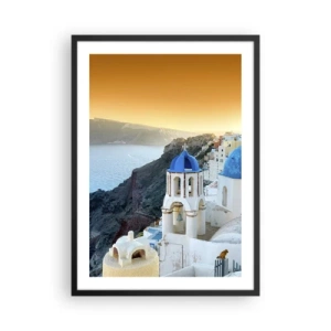 Poster in einem schwarzem Rahmen - Santorini mit seinen weißen Häusern und blauen Kuppeln - 50x70cm - Santorini - an die Felsen gekuschelt - Moderne Wanddekoration für Wohnzimmer und Schlafzimmer ARTTOR