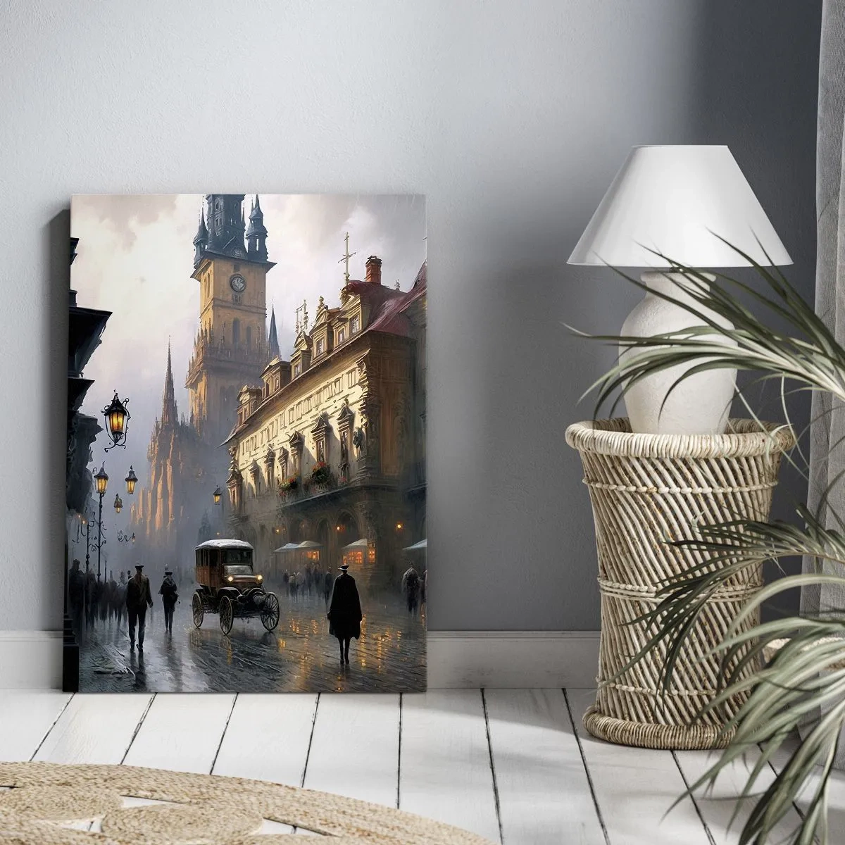 Bild auf Leinwand - Leinwandbild - Abendliche Straßenszene mit historischer Architektur - 80x120cm - Charme eines Prager Abends - Moderne Wanddekoration für Wohnzimmer und Schlafzimmer ARTTOR